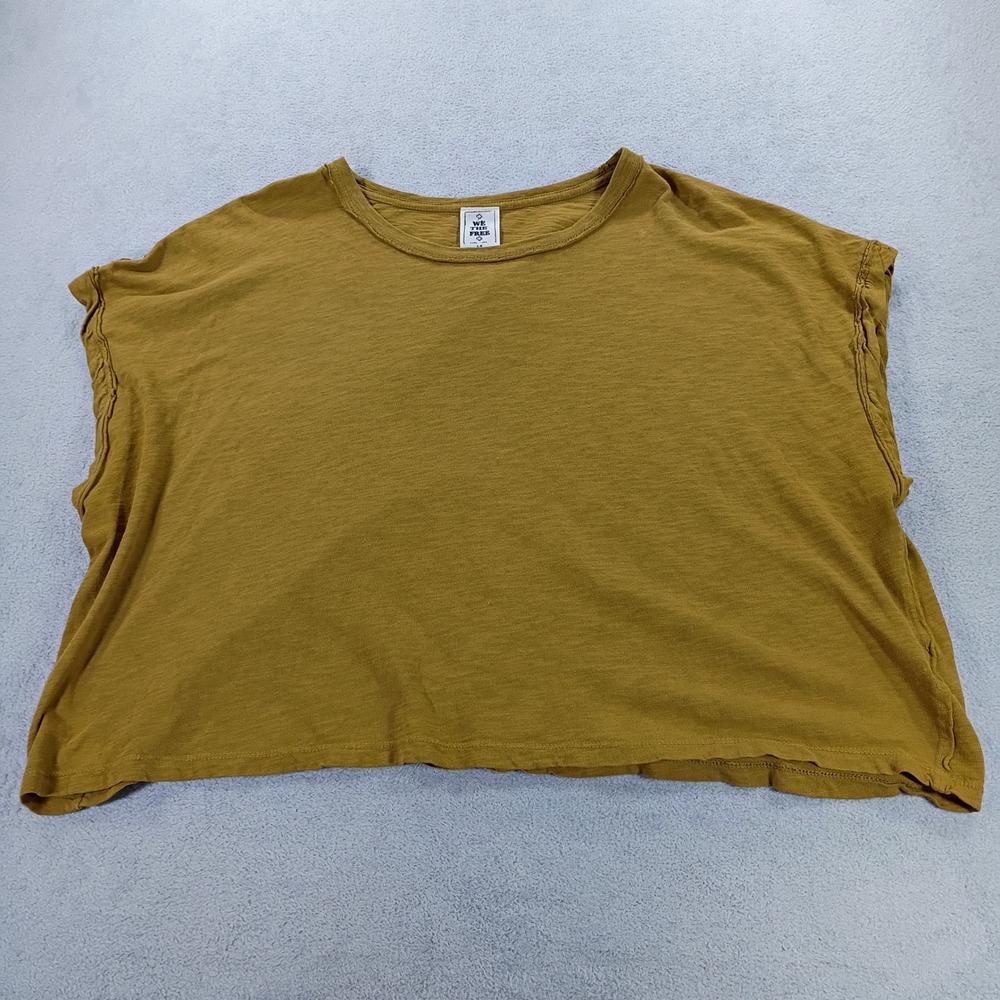 We The Free Womens Boxy Crop Top Mustard Yellow Large Raw Edge Tee